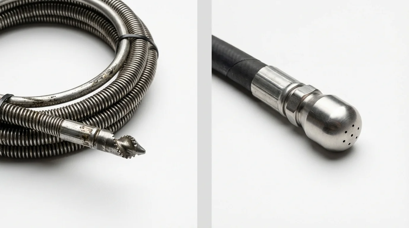 Drain snake cable and hydro jetting nozzle used for drain cleaning in Jay, ME