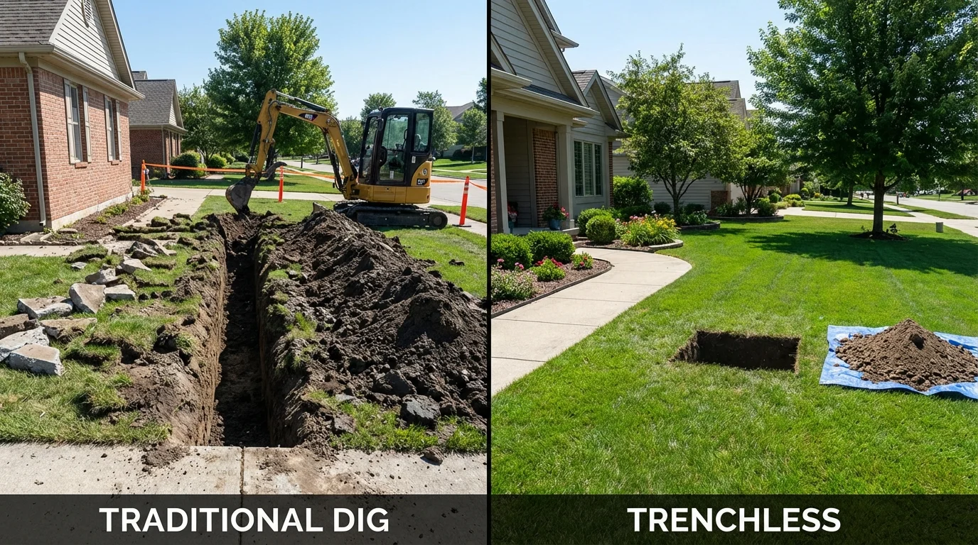 Trenchless sewer repair with minimal yard damage versus traditional excavation in Jay, ME