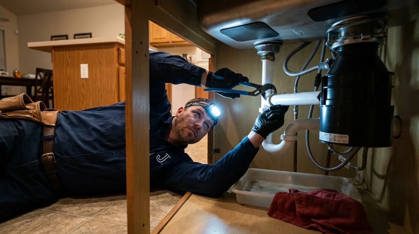 P-trap and supply line connections under a kitchen sink showing a common leak point in Jay, ME